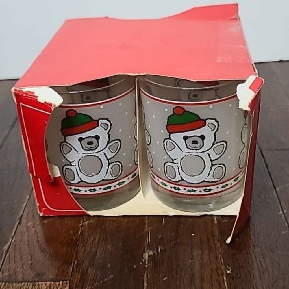 Vintage Libbey Glass Toledo Ohio Christmas Teddy Bear Glass Tumblers set of 3